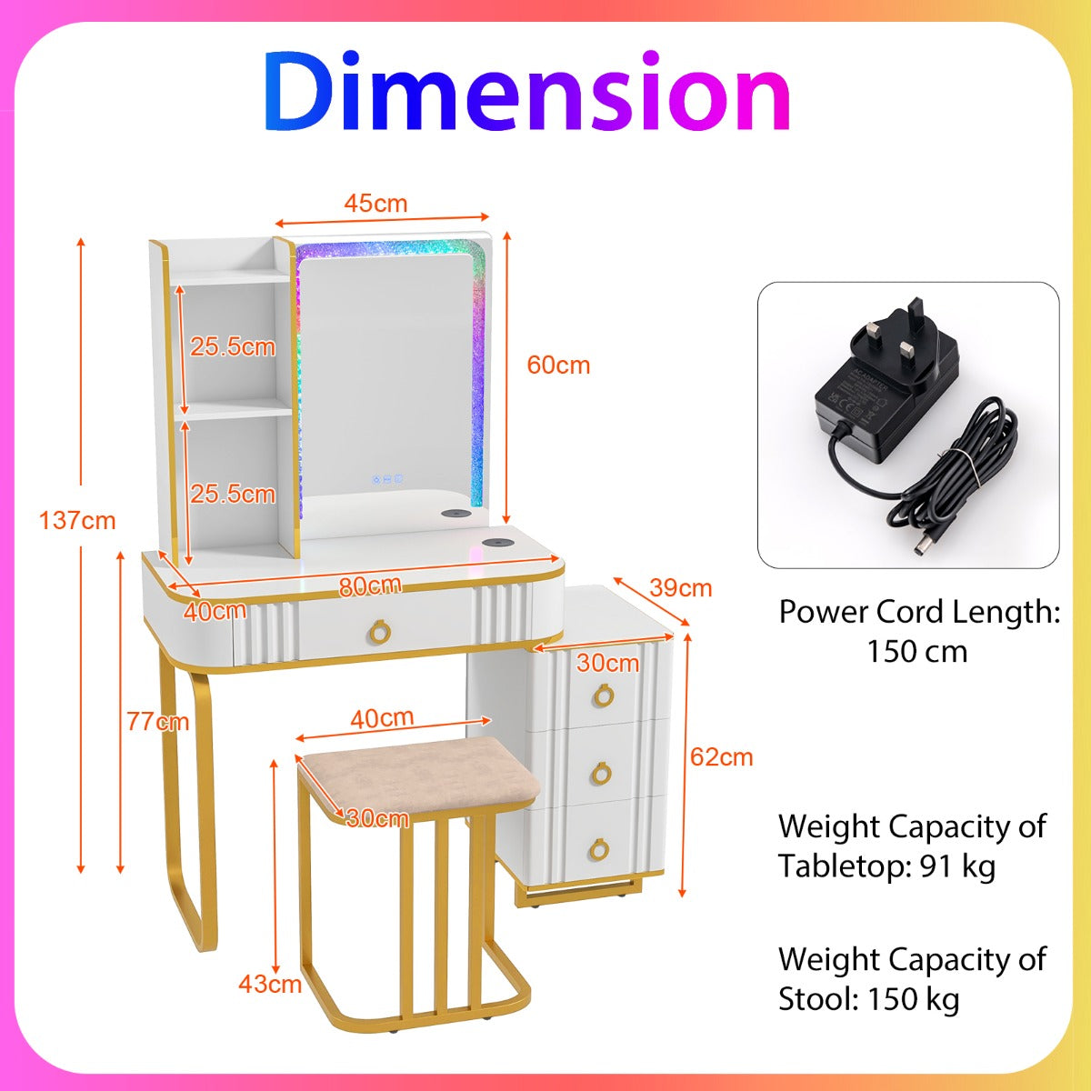LIVSK LED-verlichte kaptafelset - 7 RGB-modi - Aanraakschakelaar en afstandsbediening - Grote opbergruimte - Wit