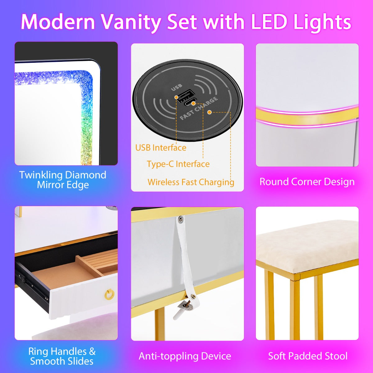 LIVSK LED-verlichte kaptafelset - 7 RGB-modi - Aanraakschakelaar en afstandsbediening - Grote opbergruimte - Wit