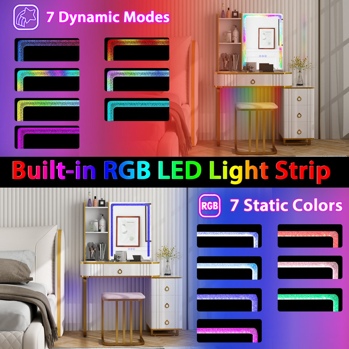 LIVSK LED-verlichte kaptafelset - 7 RGB-modi - Aanraakschakelaar en afstandsbediening - Grote opbergruimte - Wit