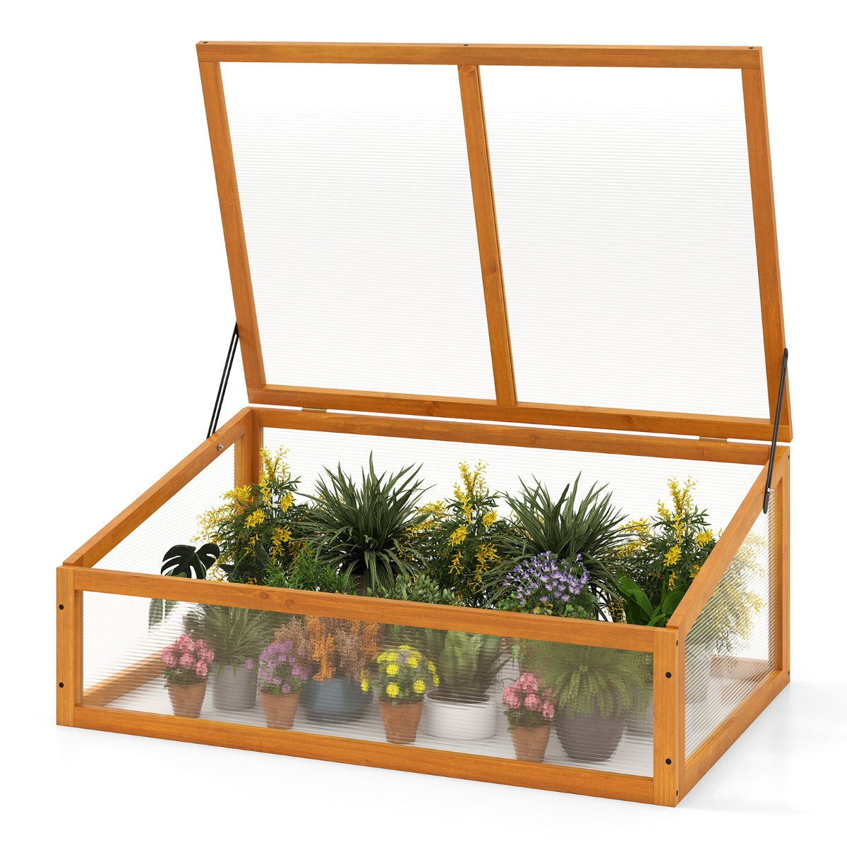 Livsk costway kas houten kas verhoogd plantenbed met transparant klapdak oranje 1 1