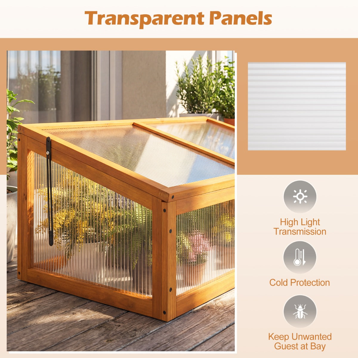 Livsk costway kas houten kas verhoogd plantenbed met transparant klapdak oranje 4