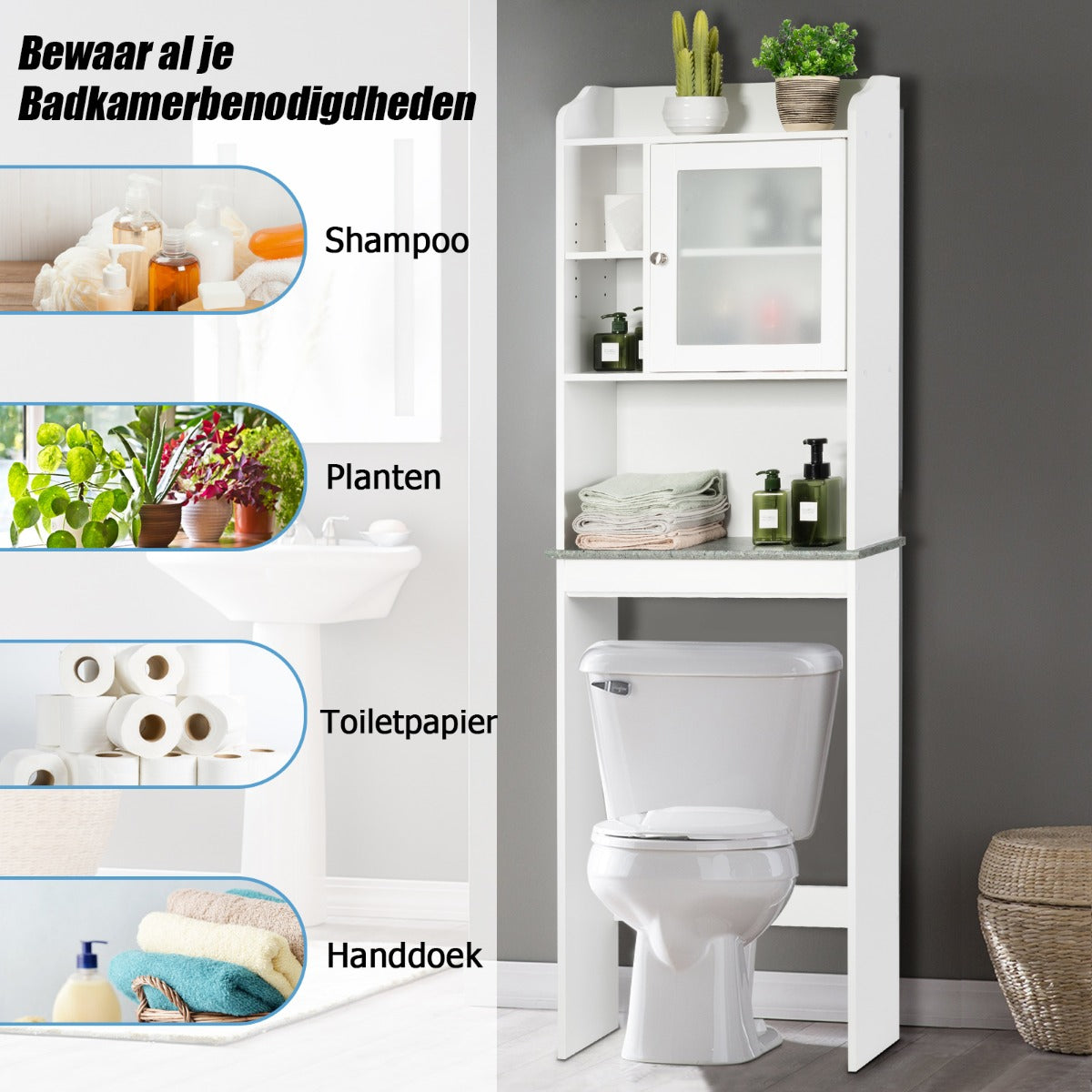 LIVSK Badkamerkast met Verstelbare Planken - Ruimtebesparend en Duurzaam - Ideaal voor Badkamer of Balkon - 59 x 19 x 173 cm - Wit