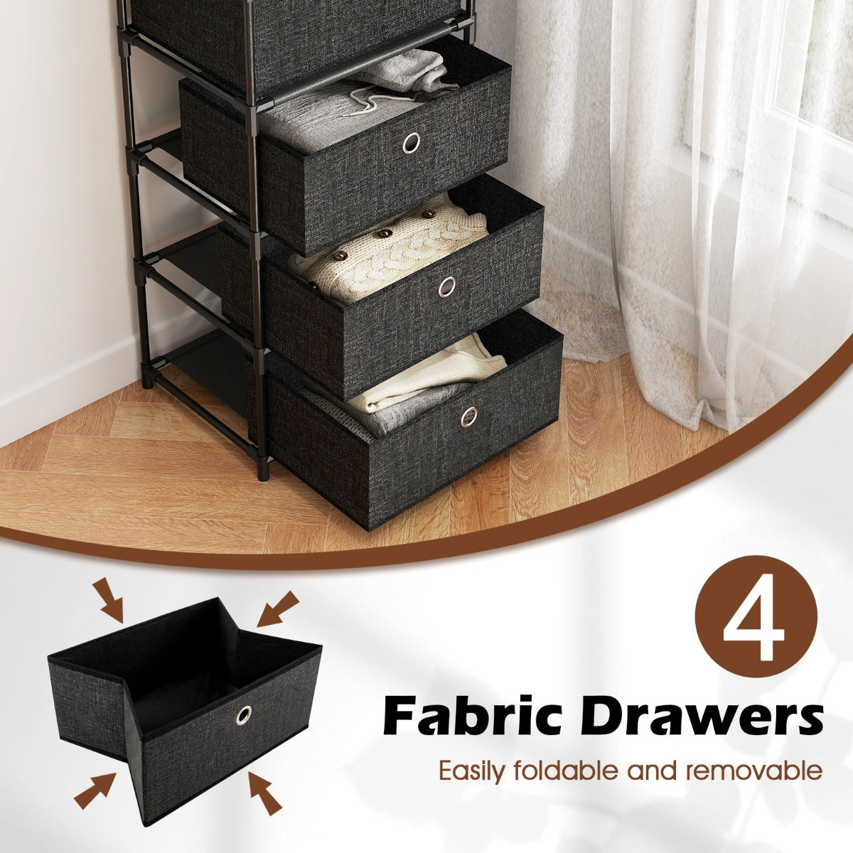 LIVSK Opvouwbare Commode - 4 Uitneembare Lades - Werkblad en Extra Plank - Stabiele Constructie - 40 x 30 x 99,5 cm - Rustiek