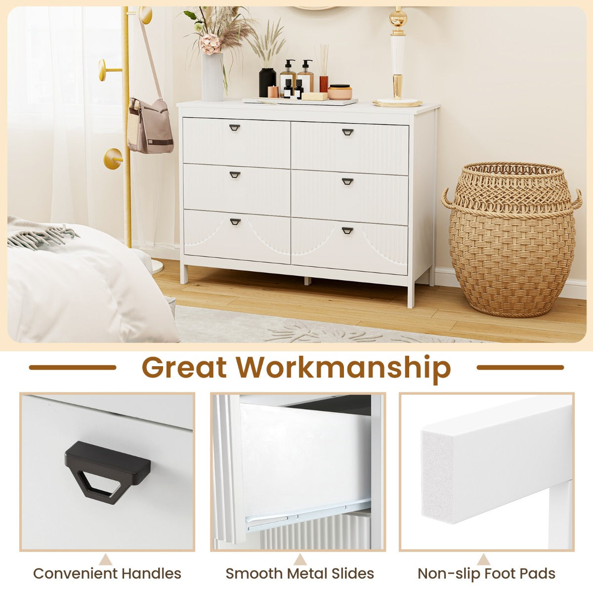 LIVSK Opbergkast met 6 Lades - MDF Constructie - Hoogwaardige Metalen Rails - Antislip Voetbeschermers - 106 x 40 x 79 cm - Wit