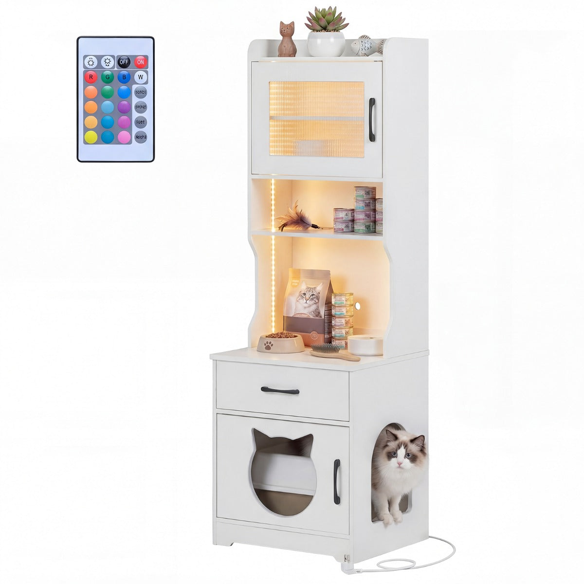 Livsk costway kast voor kattenbak met verstelbare ledverlichting verborgen meubel met toilet van 152 cm hoog met planken wit 1