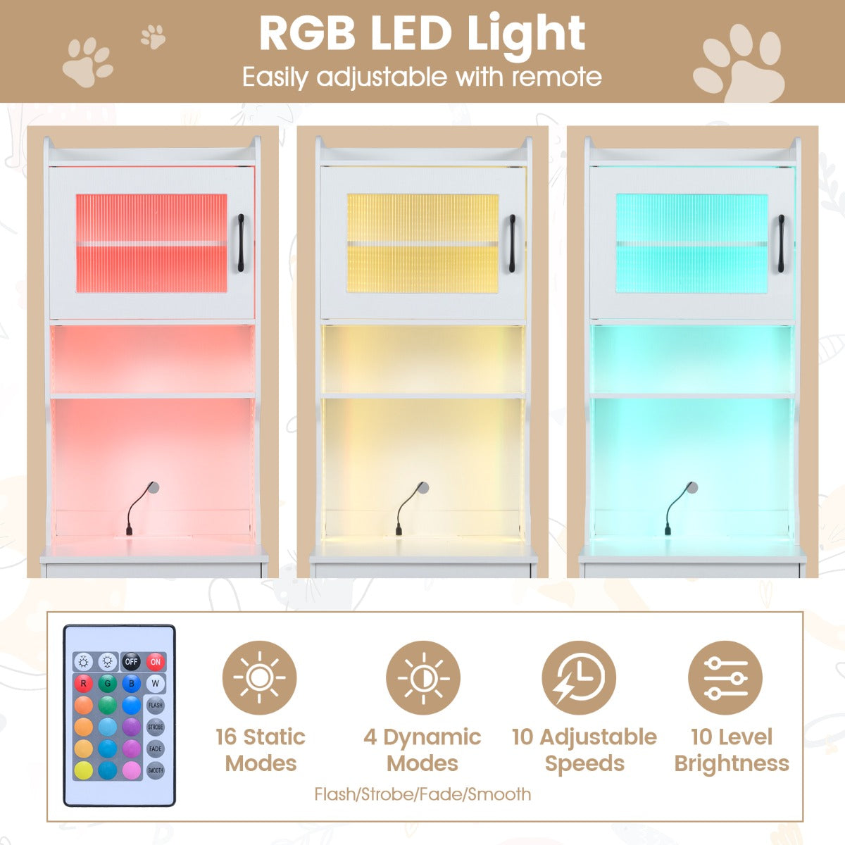 Livsk costway kast voor kattenbak met verstelbare ledverlichting verborgen meubel met toilet van 152 cm hoog met planken wit