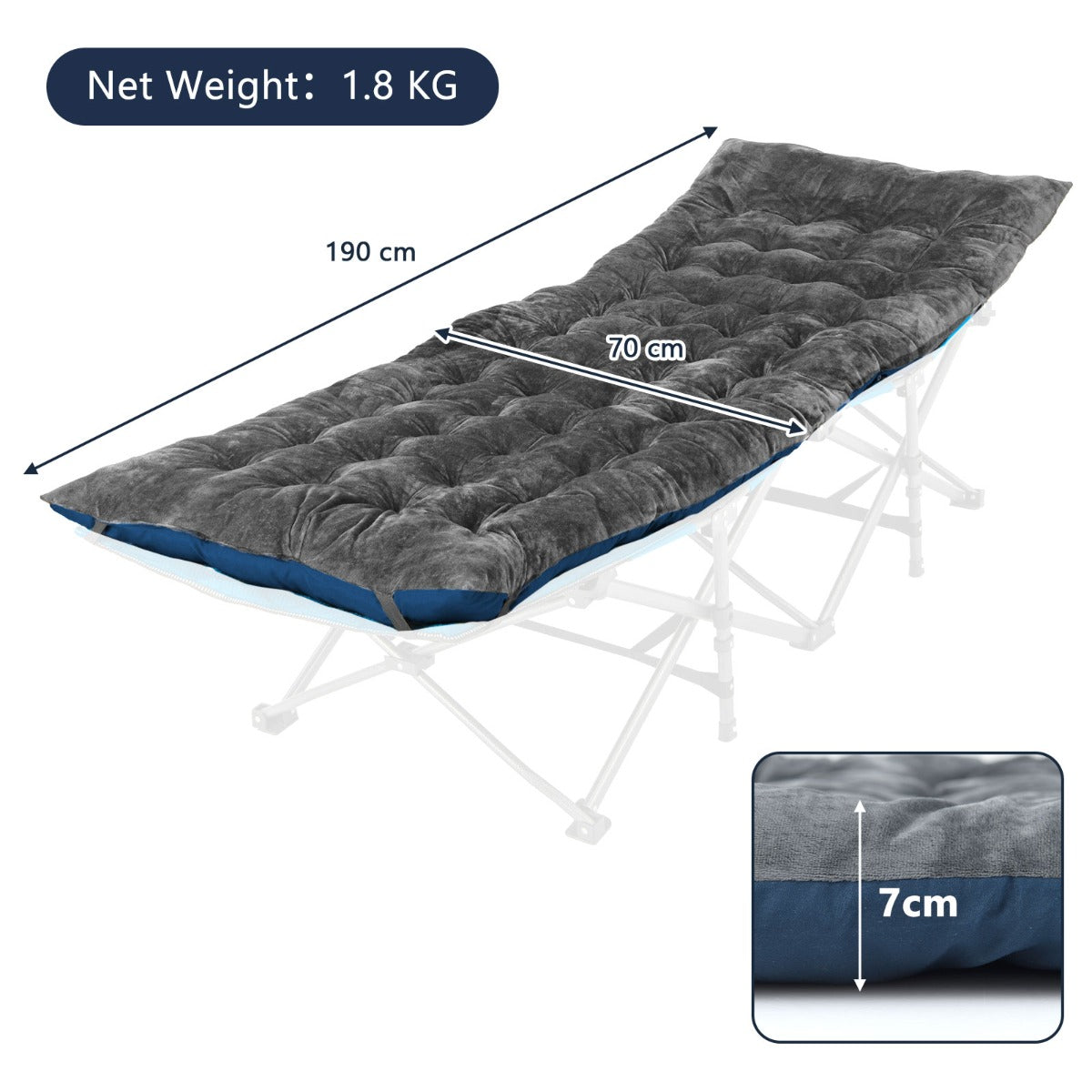 Livsk costway katoenen veldbed kussen 7 cm dikke matras met 4 bevestigingsbanden multifunctioneel voor campingbed ligstoel tuinligstoel donkergrijs 2