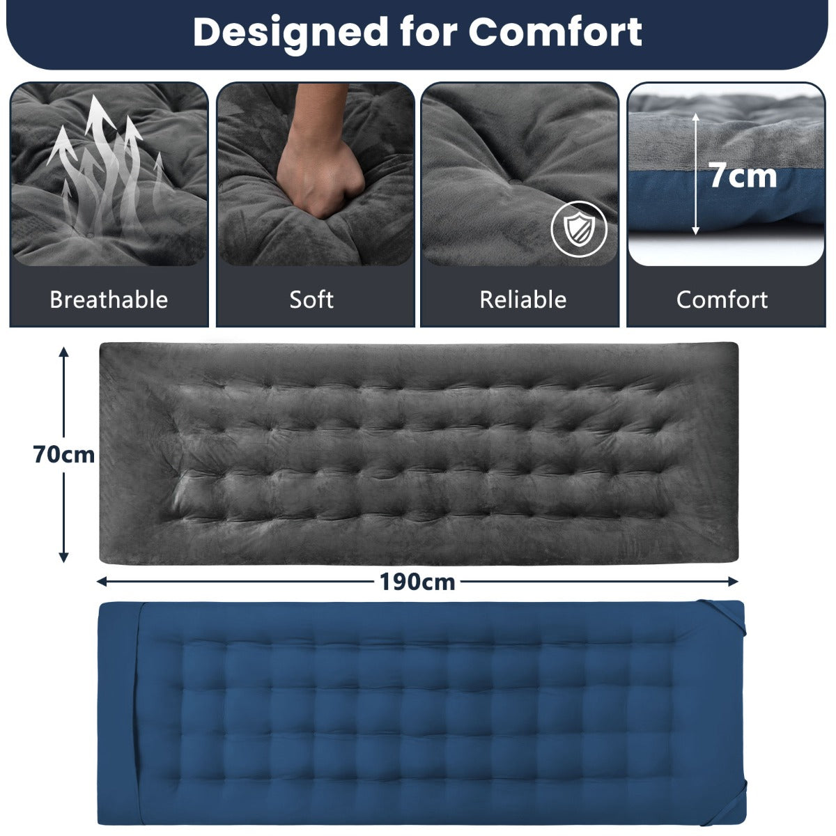 Livsk costway katoenen veldbed kussen 7 cm dikke matras met 4 bevestigingsbanden multifunctioneel voor campingbed ligstoel tuinligstoel donkergrijs 4