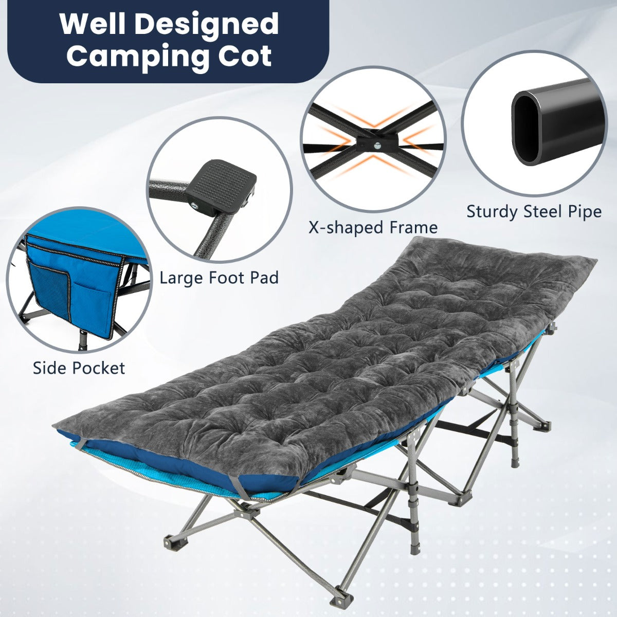 Livsk costway katoenen veldbed kussen 7 cm dikke matras met 4 bevestigingsbanden multifunctioneel voor campingbed ligstoel tuinligstoel donkergrijs 5