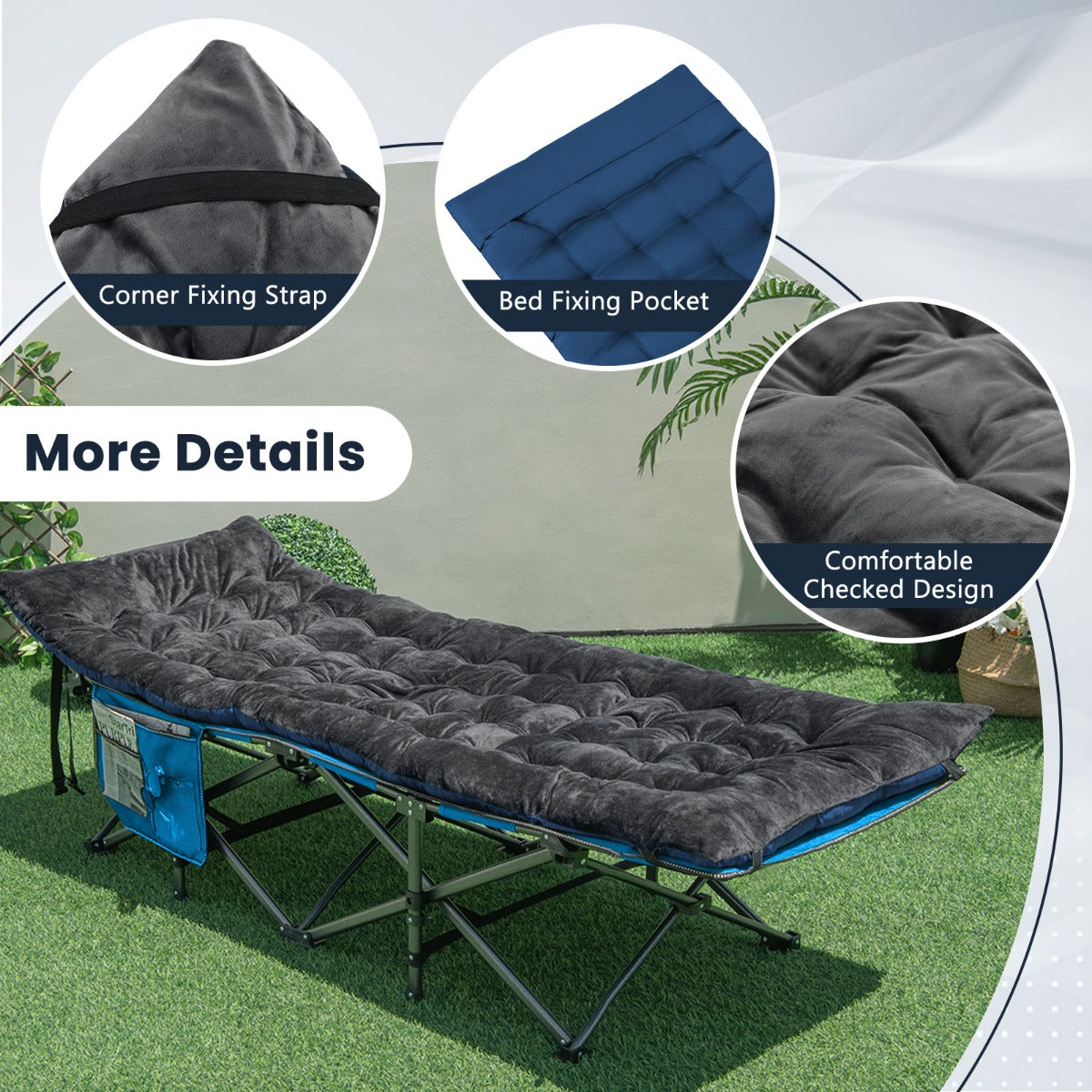 Livsk costway katoenen veldbed kussen 7 cm dikke matras met 4 bevestigingsbanden multifunctioneel voor campingbed ligstoel tuinligstoel donkergrijs 6