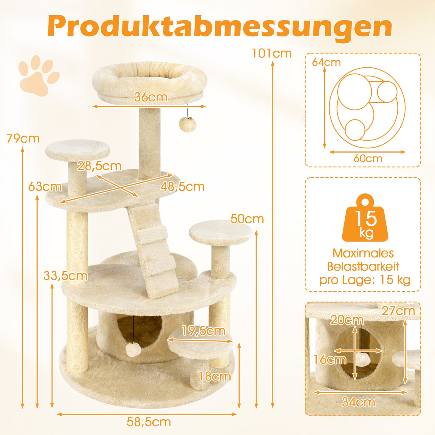 LIVSK Kattenboom - Meerlaagse Klimtoren met Gevoerde Zitplaats - Stabiliteit voor Munchkin en Oudere Katten - Beige