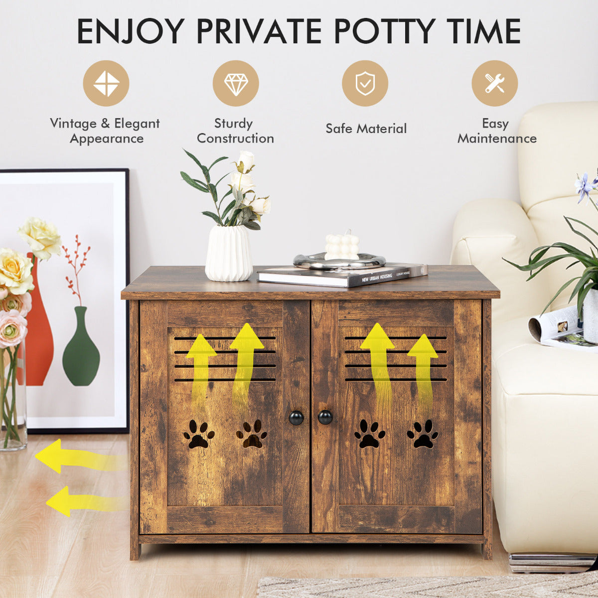 LIVSK Multifunctionele Kattenbak en Bijzettafel - 3-in-1 Design - Privacy voor je Kat - Vintage Stijl - Eenvoudige Reiniging -