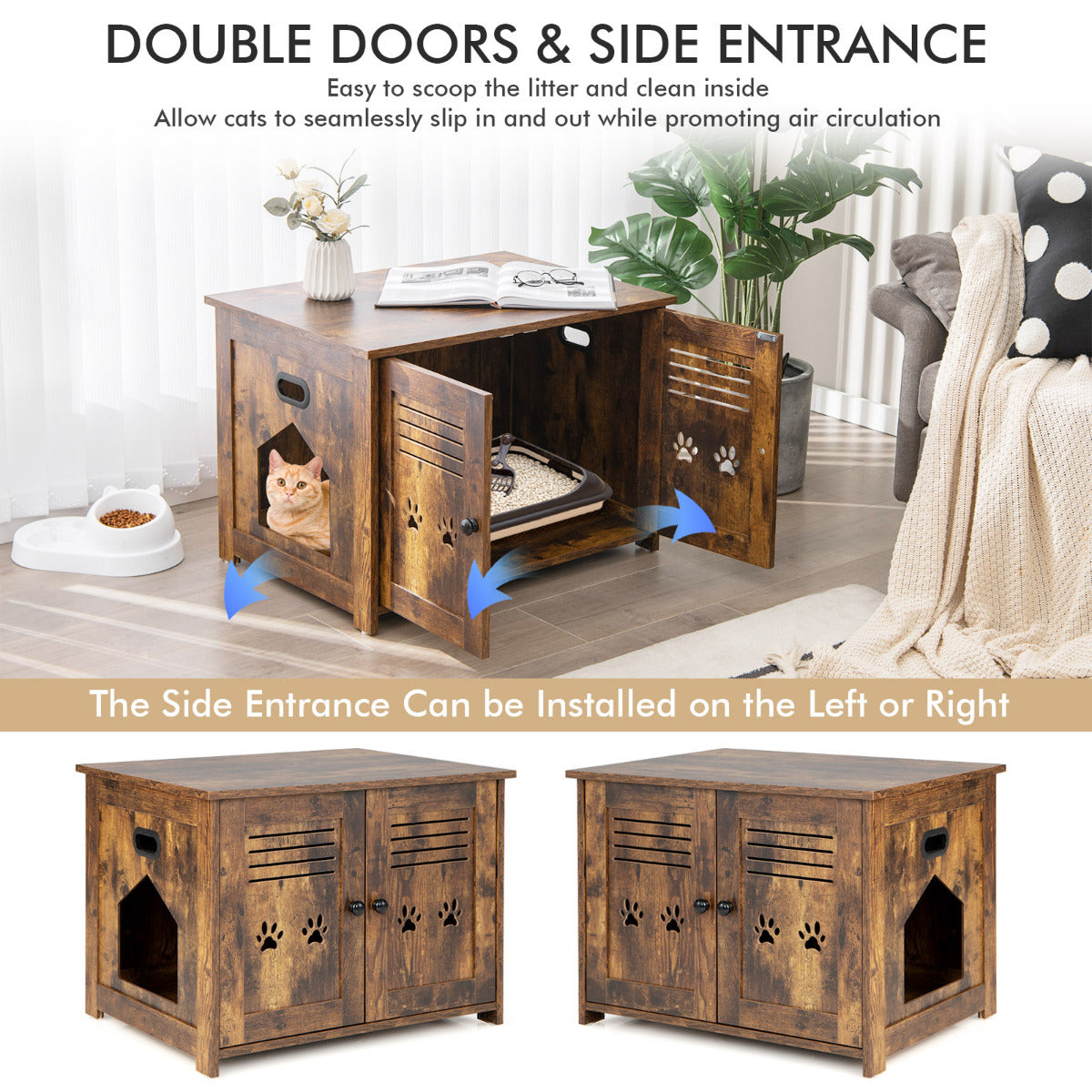 LIVSK Multifunctionele Kattenbak en Bijzettafel - 3-in-1 Design - Privacy voor je Kat - Vintage Stijl - Eenvoudige Reiniging -