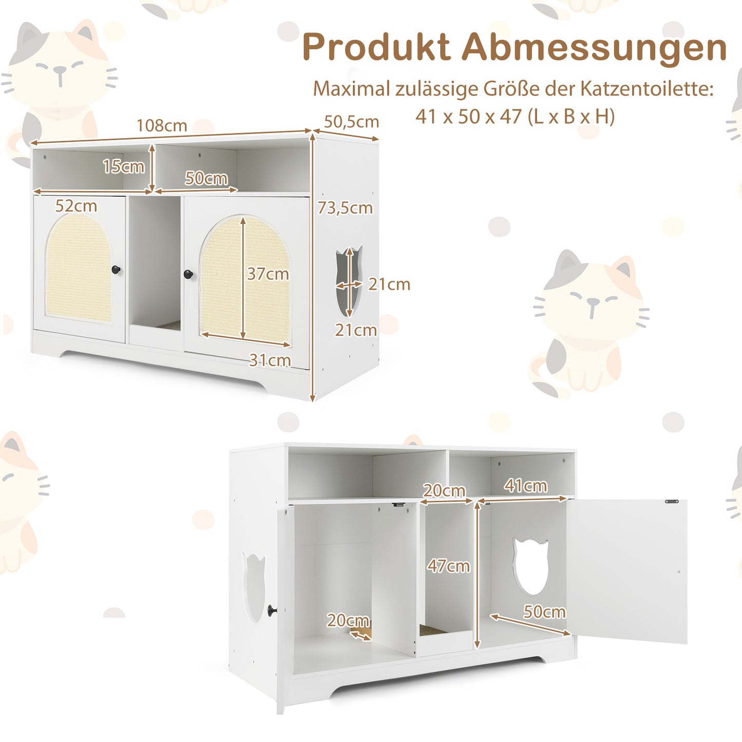 LIVSK Dubbele Kattenkast - Voor 2 Katten - Afgesloten Ontwerp - Bijzettafel en Opbergruimte - 108 x 50,5 x 73,5 cm - Wit