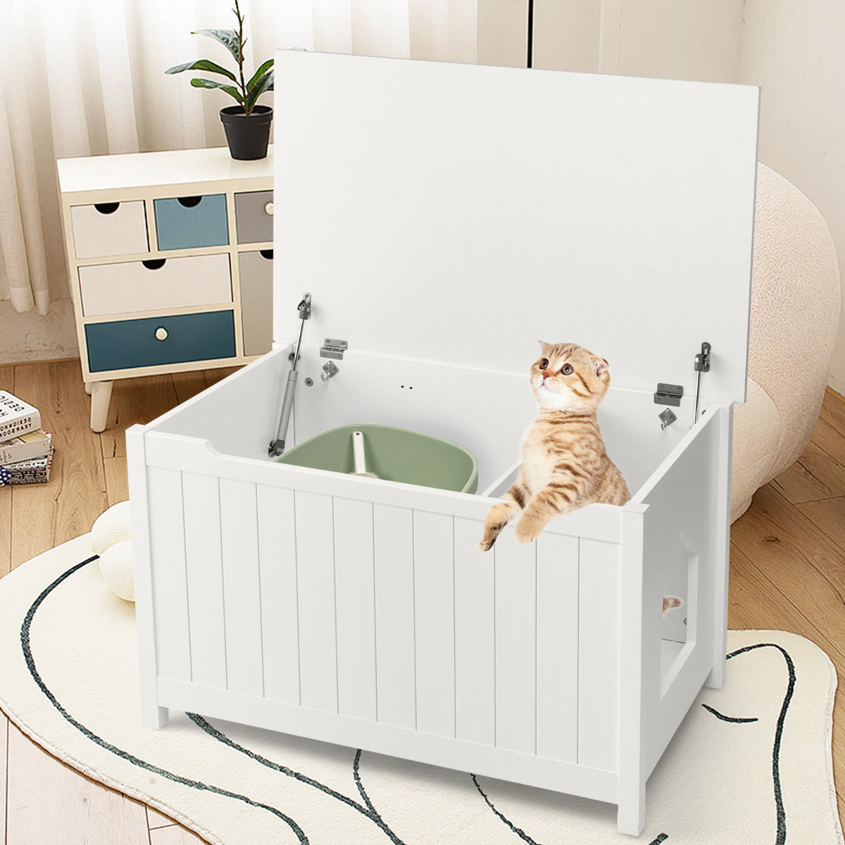 LIVSK Kattenbakmeubel - Multifunctioneel met Bovenopening - Scharnierend Deksel - 80,5 x 51 x 51 cm - Wit