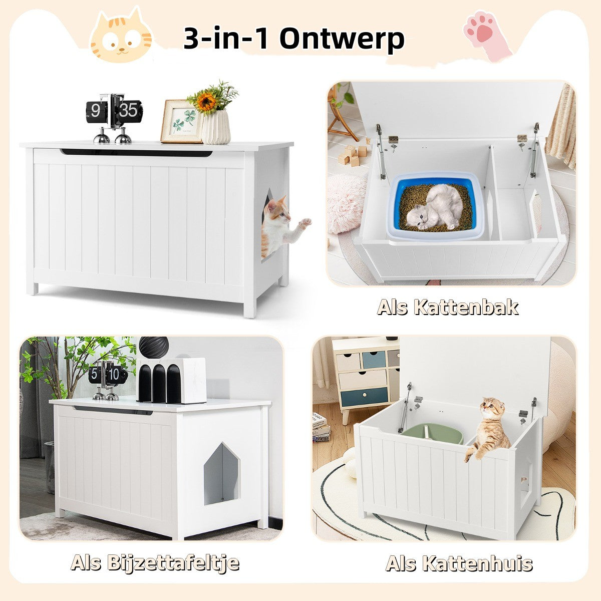 LIVSK Kattenbakmeubel - Multifunctioneel met Bovenopening - Scharnierend Deksel - 80,5 x 51 x 51 cm - Wit