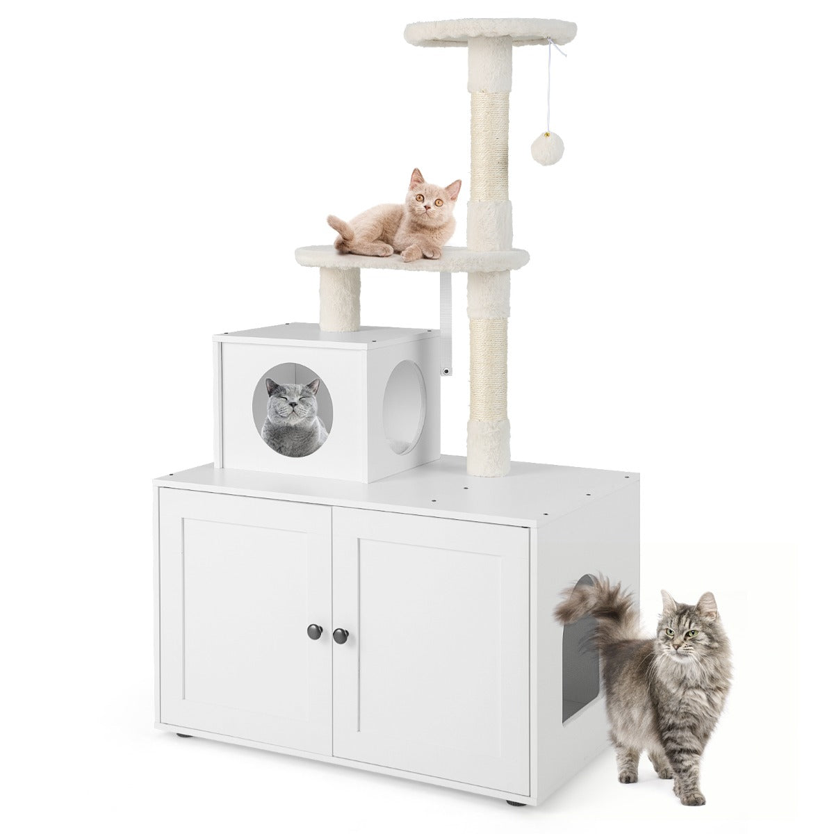 LIVSK Kattenhuis en Kattenboom - Inclusief Kattenbak en Speelplatforms - Anti-kantelmechanisme - Wit