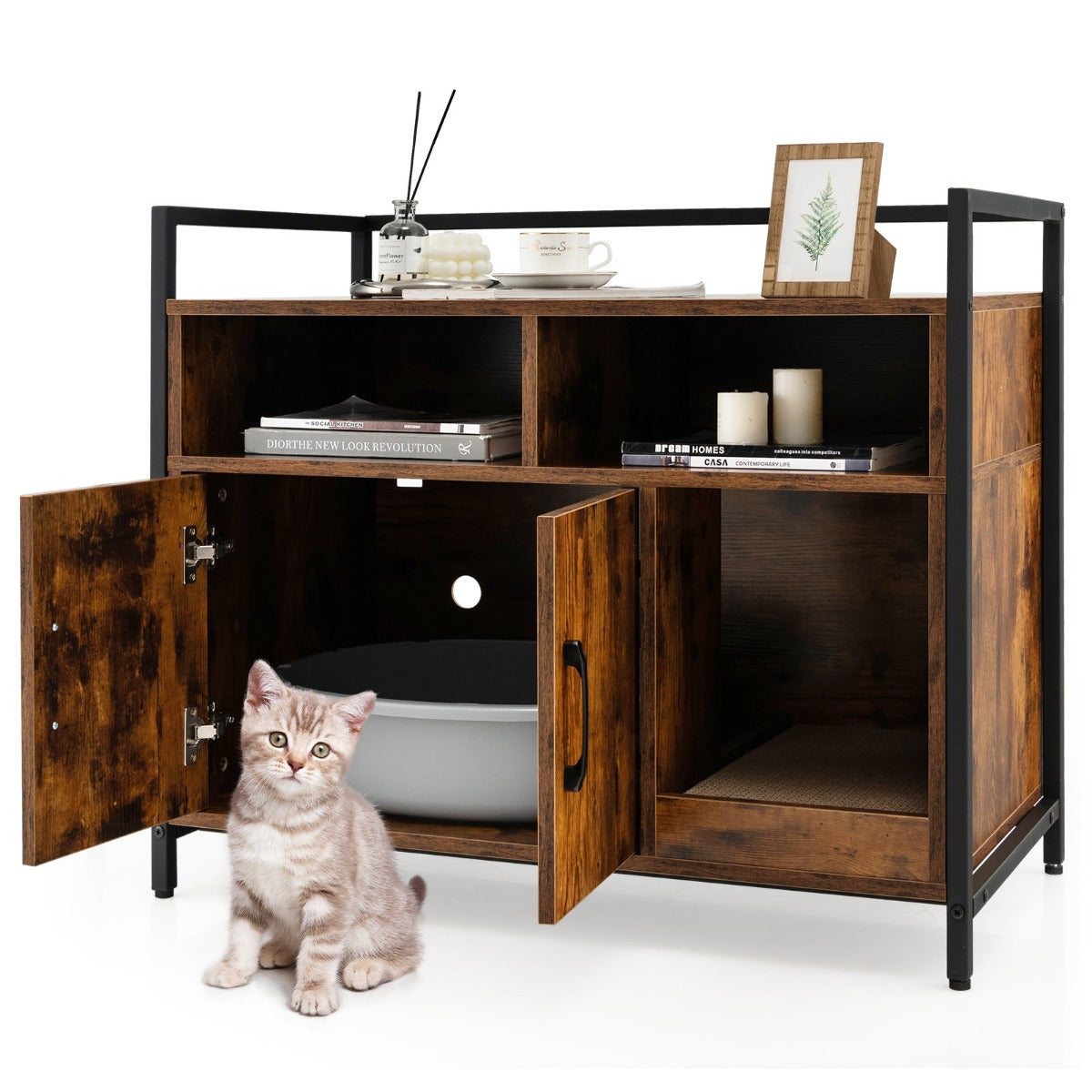 LIVSK kattenbak kast met dubbele deuren - Ventilatiegaten - Opbergruimte - Stabiel MDF en Metaal - Industrieel design - Bruin