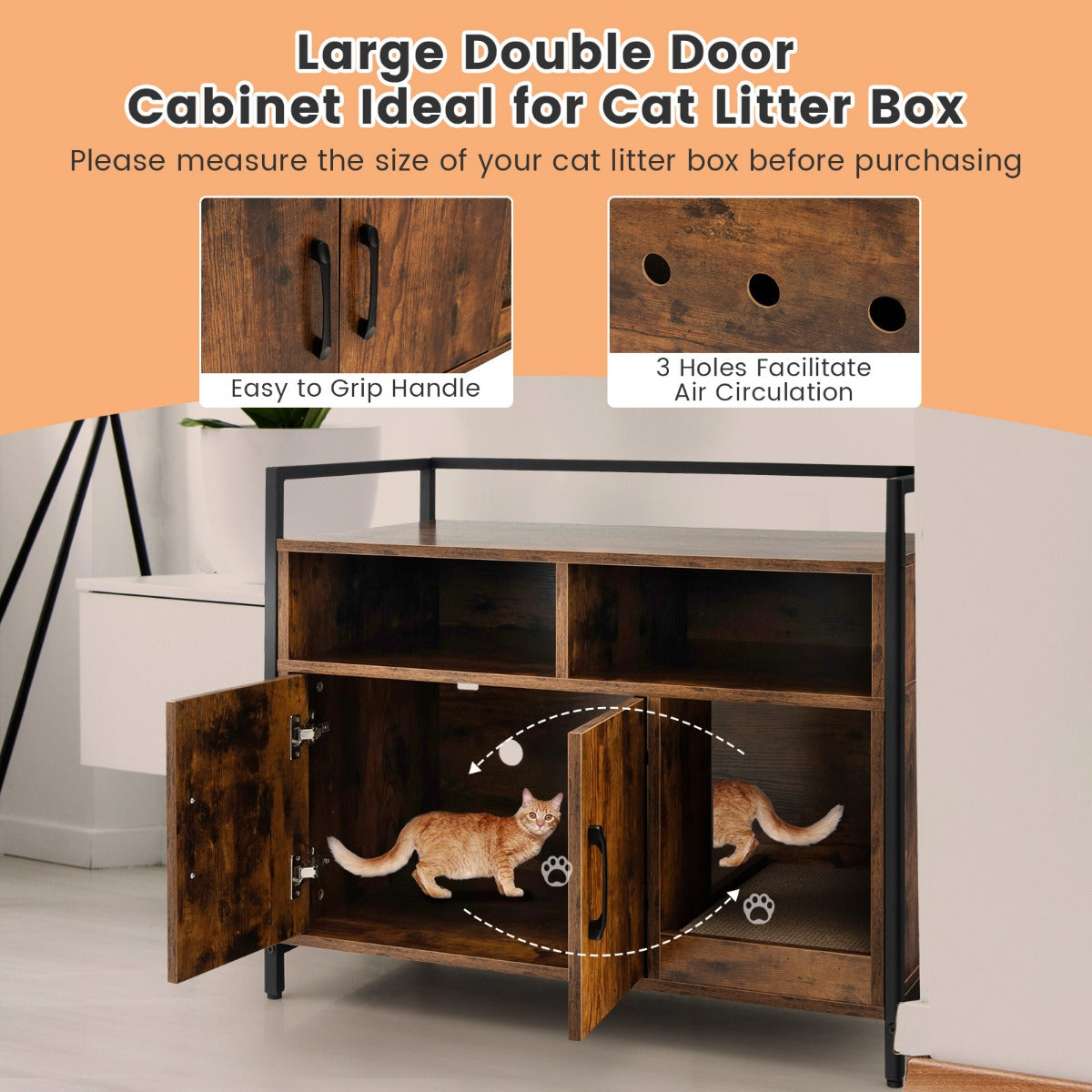 LIVSK kattenbak kast met dubbele deuren - Ventilatiegaten - Opbergruimte - Stabiel MDF en Metaal - Industrieel design - Bruin