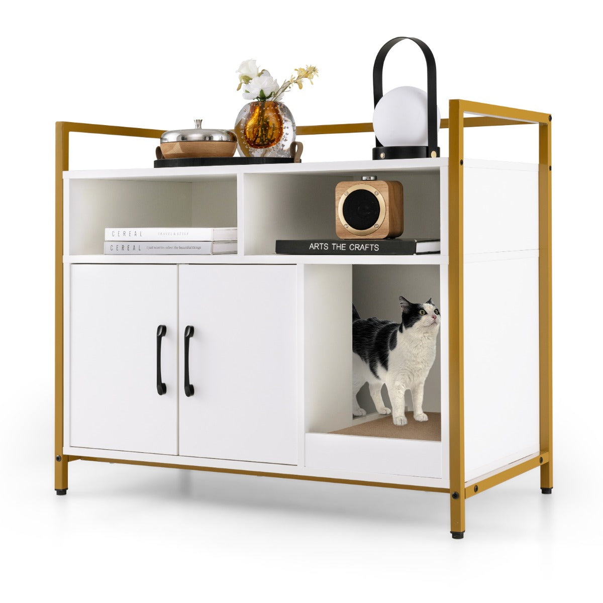 LIVSK Kattenbak Houder - Privacy en Ventilatie - Ruime Planken en Compartimenten - Versterkt Metaal - 90 x 45 x 74 cm - Wit