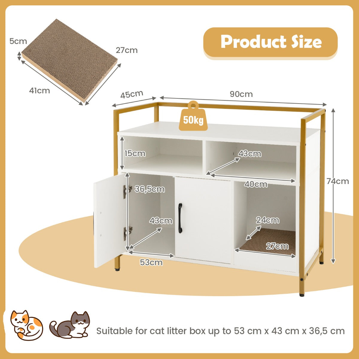 LIVSK Kattenbak Houder - Privacy en Ventilatie - Ruime Planken en Compartimenten - Versterkt Metaal - 90 x 45 x 74 cm - Wit