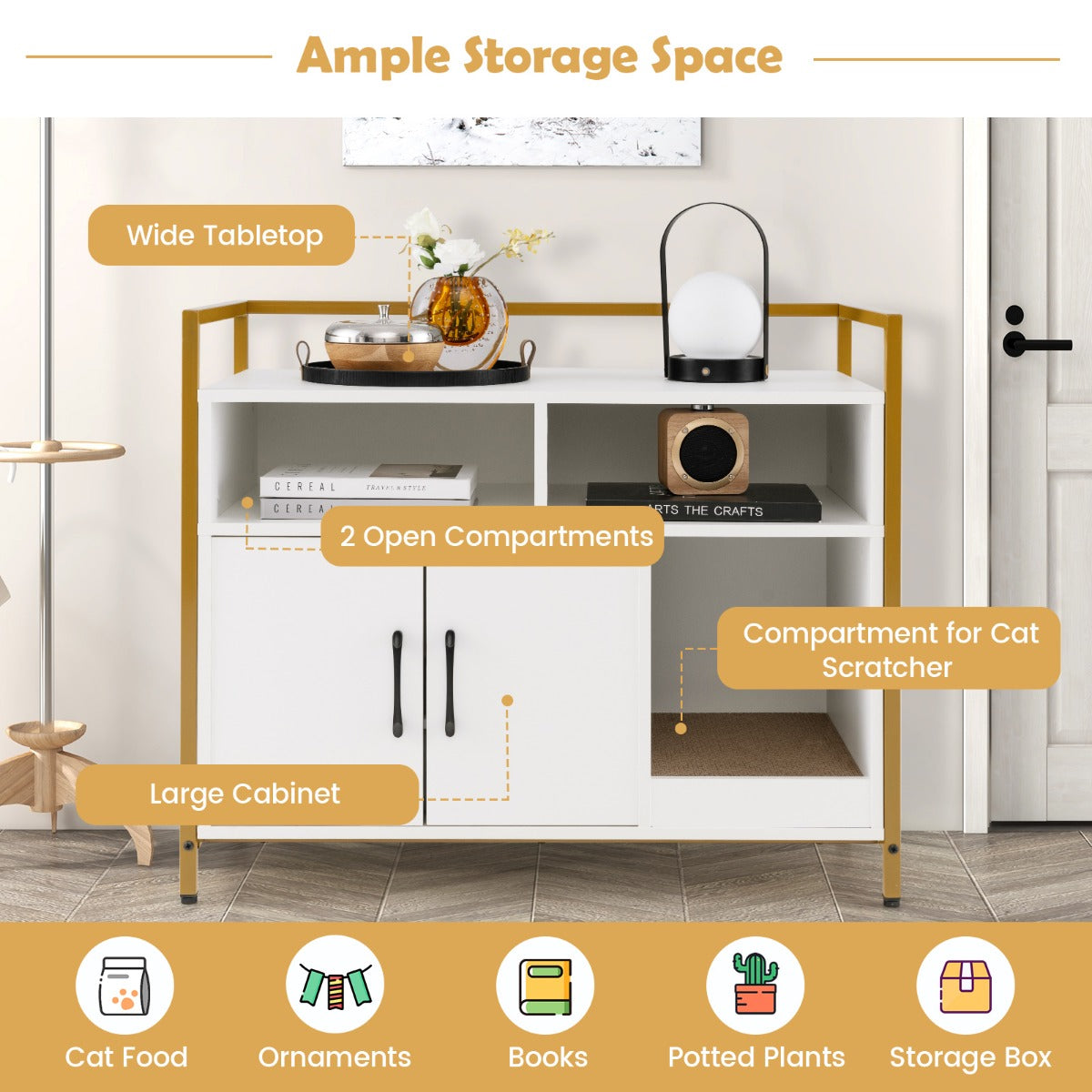 LIVSK Kattenbak Houder - Privacy en Ventilatie - Ruime Planken en Compartimenten - Versterkt Metaal - 90 x 45 x 74 cm - Wit