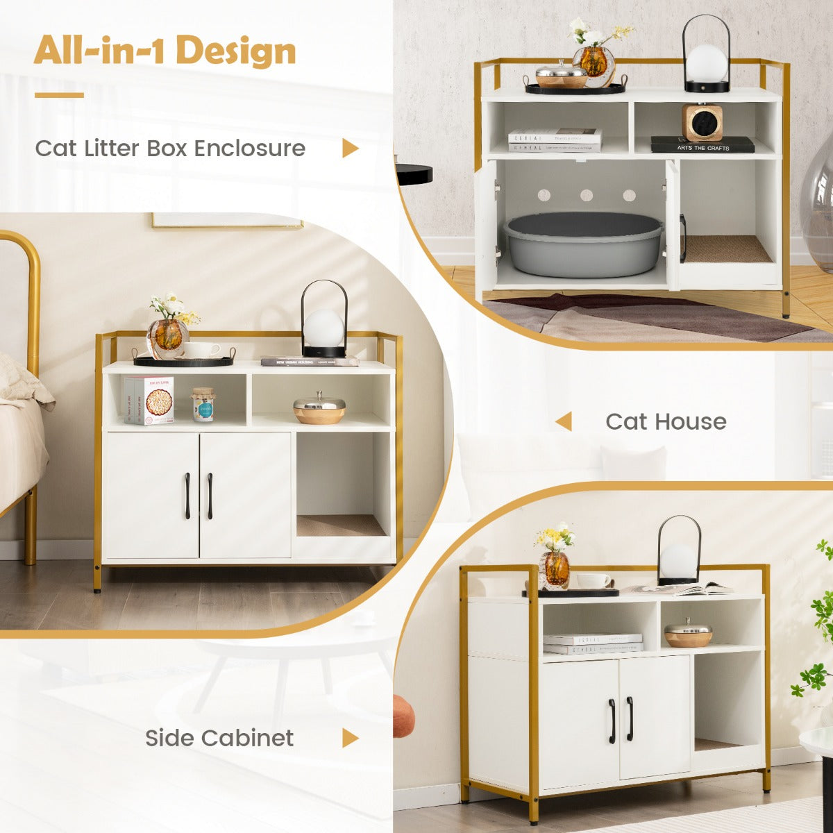 LIVSK Kattenbak Houder - Privacy en Ventilatie - Ruime Planken en Compartimenten - Versterkt Metaal - 90 x 45 x 74 cm - Wit