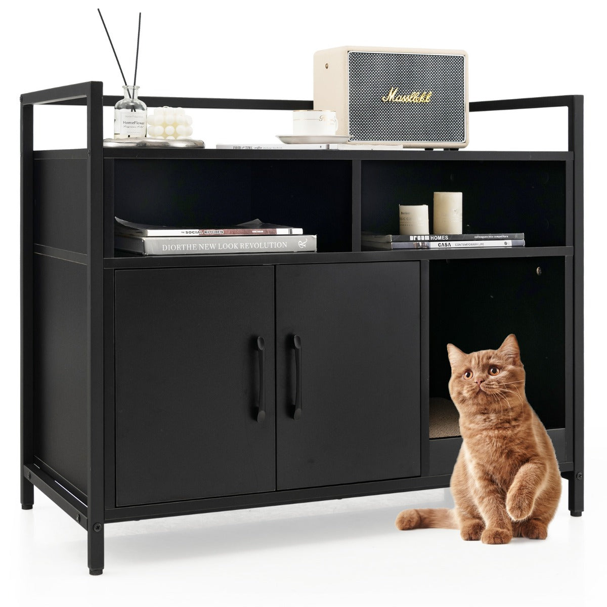 LIVSK Verborgen Kattenbak Kast - Geventileerd - Ruime Opbergruimte - Krabpaal - Stabiele Constructie - Zwart 90 x 45 x 74 cm