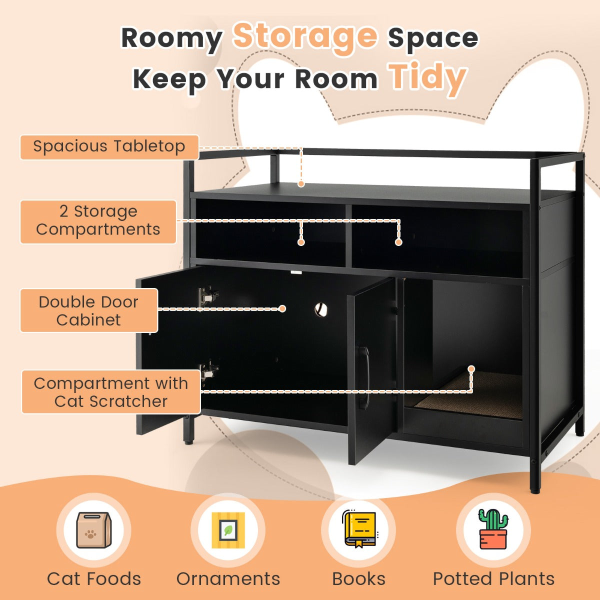 LIVSK Verborgen Kattenbak Kast - Geventileerd - Ruime Opbergruimte - Krabpaal - Stabiele Constructie - Zwart 90 x 45 x 74 cm