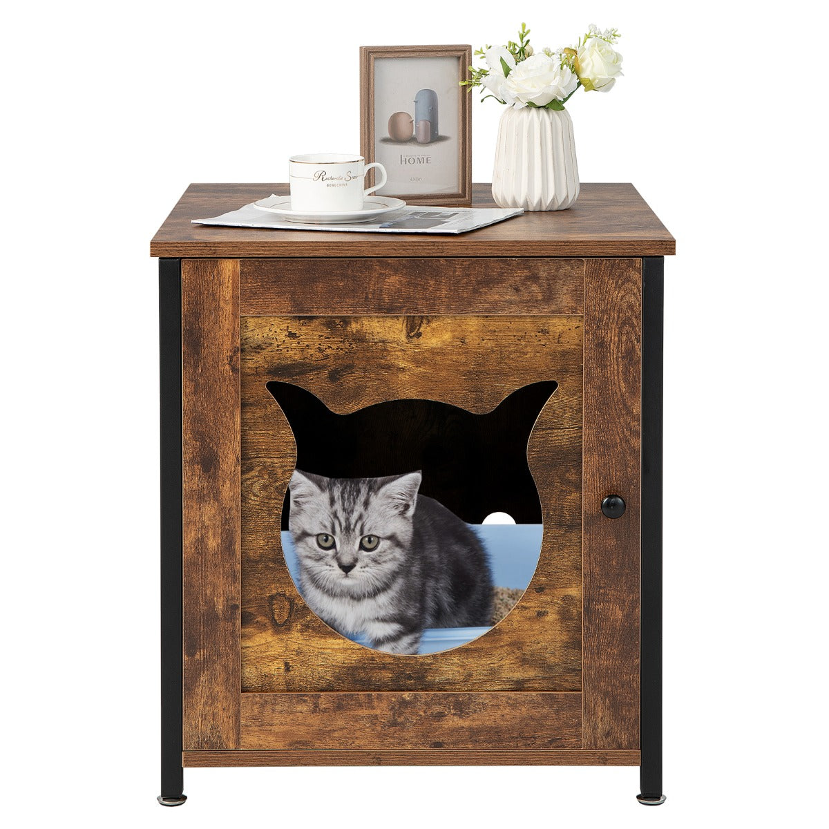LIVSK Multifunctionele Kattenbakkast - 3-in-1 Kattentoilet, Kattenhuis en Bijzettafel - Stevig Metalen Frame - 50 x 53 x 55 cm -