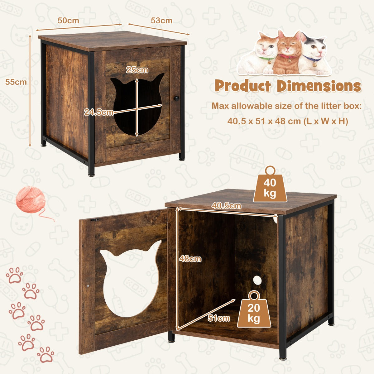 LIVSK Multifunctionele Kattenbakkast - 3-in-1 Kattentoilet, Kattenhuis en Bijzettafel - Stevig Metalen Frame - 50 x 53 x 55 cm -