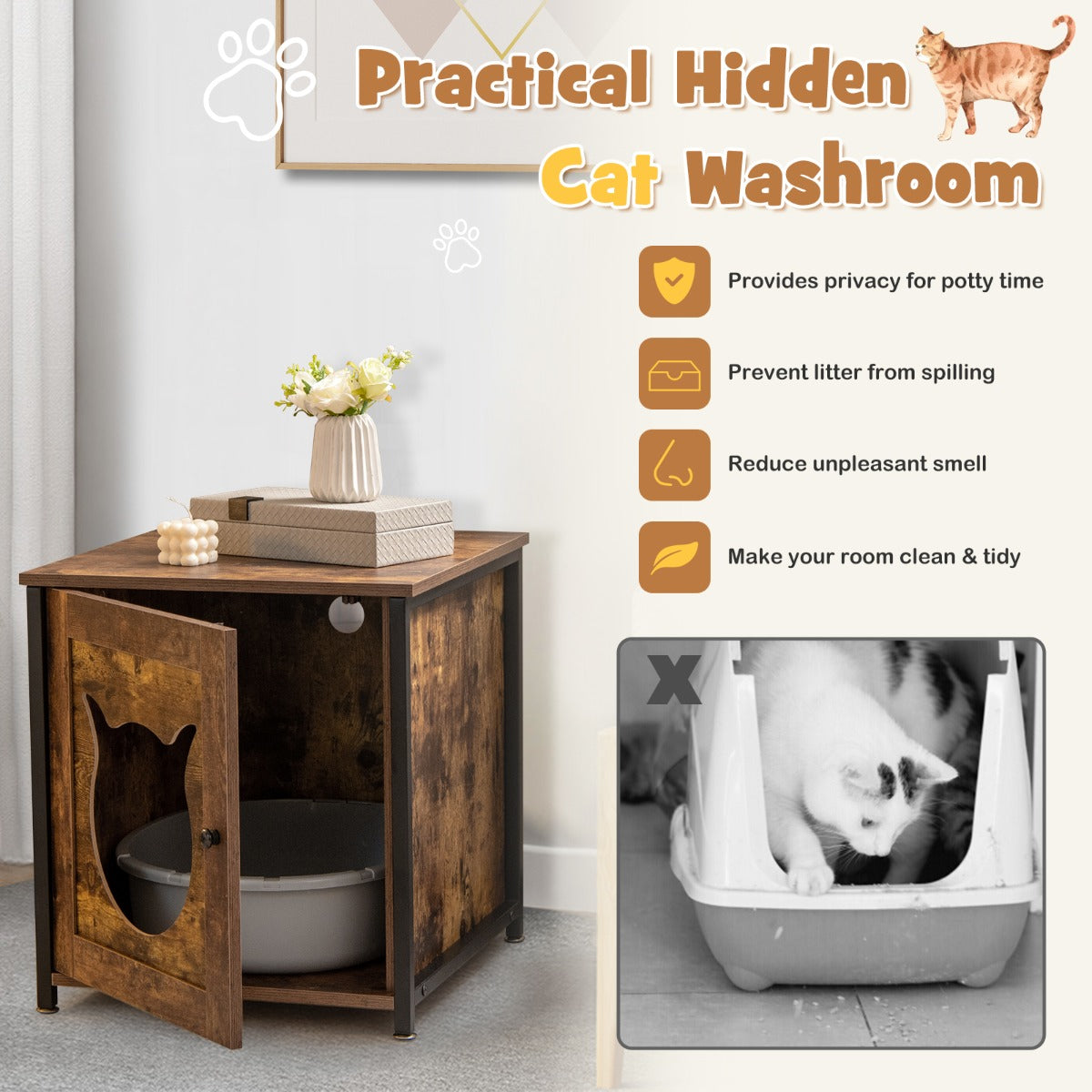 LIVSK Multifunctionele Kattenbakkast - 3-in-1 Kattentoilet, Kattenhuis en Bijzettafel - Stevig Metalen Frame - 50 x 53 x 55 cm -