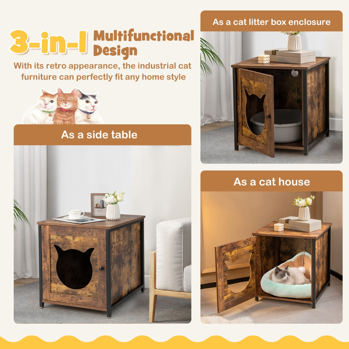 LIVSK Multifunctionele Kattenbakkast - 3-in-1 Kattentoilet, Kattenhuis en Bijzettafel - Stevig Metalen Frame - 50 x 53 x 55 cm -