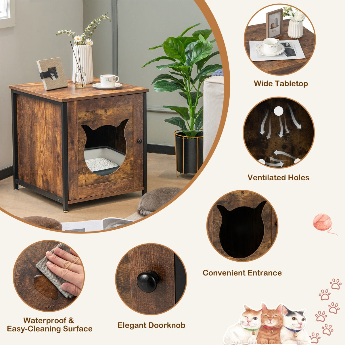 LIVSK Multifunctionele Kattenbakkast - 3-in-1 Kattentoilet, Kattenhuis en Bijzettafel - Stevig Metalen Frame - 50 x 53 x 55 cm -