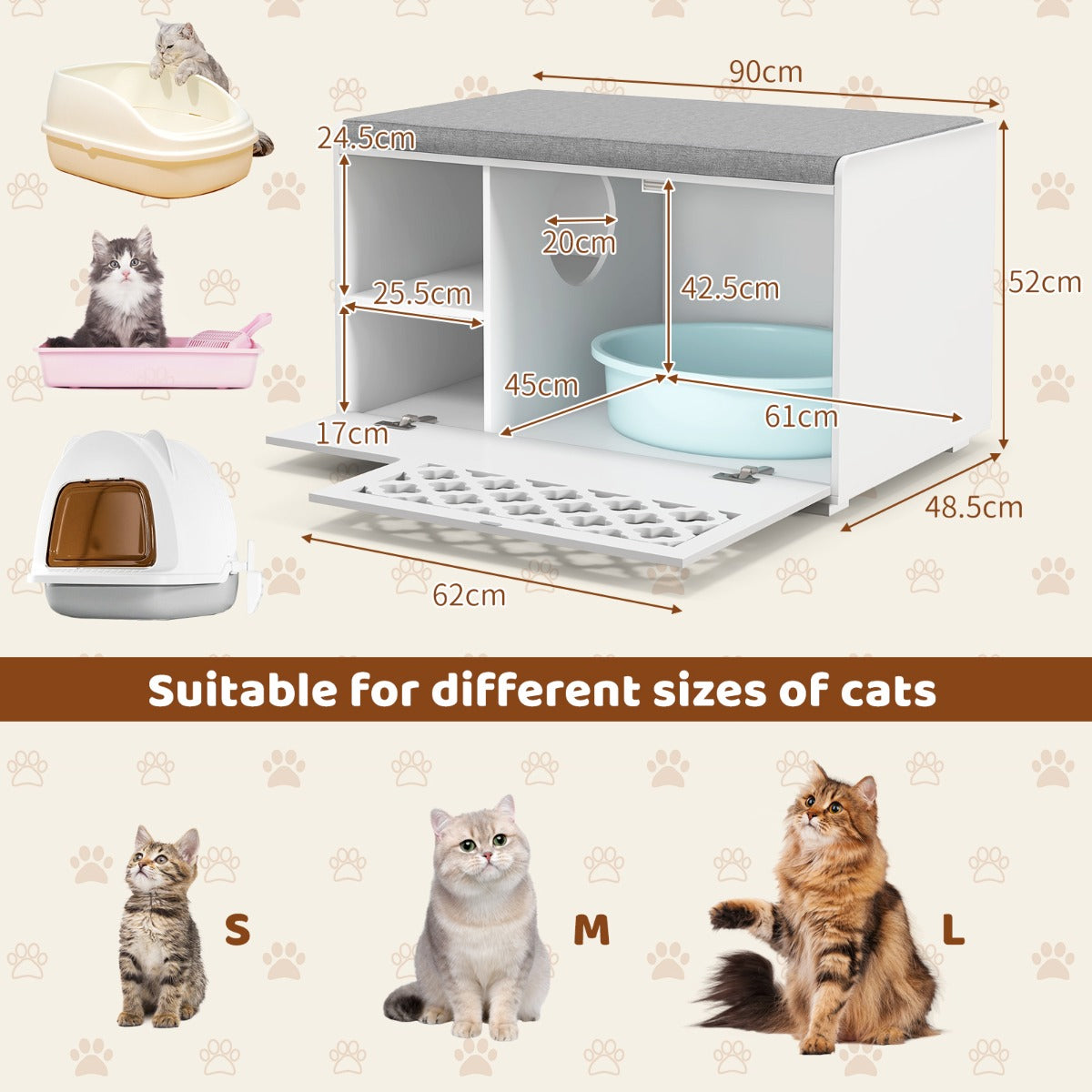 LIVSK 4-in-1 Kattenkast en Opbergbank - Multifunctioneel - Hoogwaardig MDF - Scharnierende Voordeur - Wit