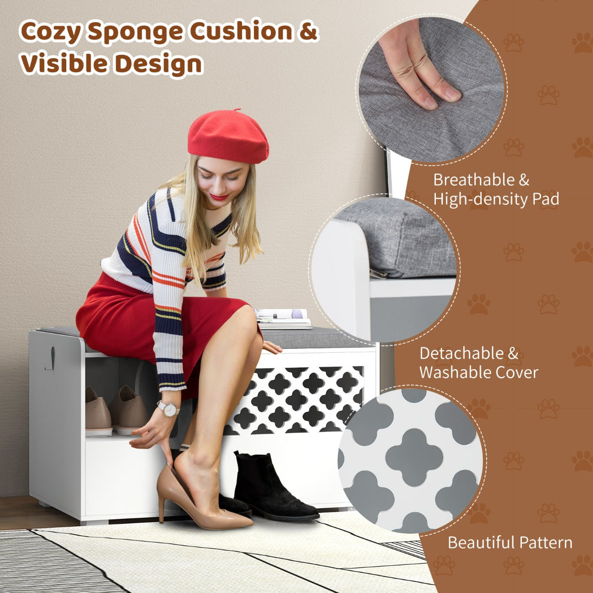 LIVSK 4-in-1 Kattenkast en Opbergbank - Multifunctioneel - Hoogwaardig MDF - Scharnierende Voordeur - Wit