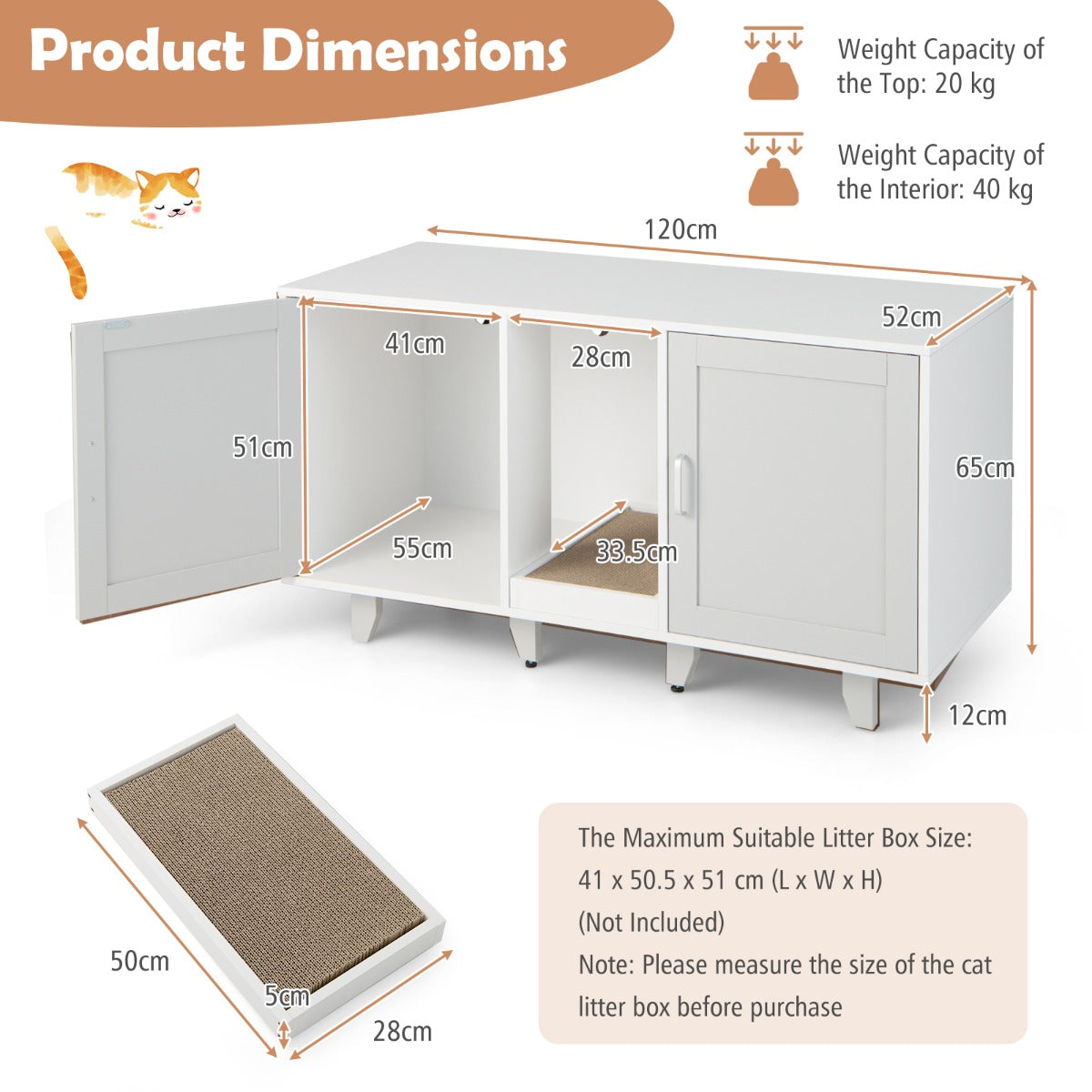 LIVSK Multifunctioneel Kattenmeubel - Verberg kattenbakken - Krabplank - Stabiele constructie - Tot 50" tv - 120 x 52 x 65 cm -