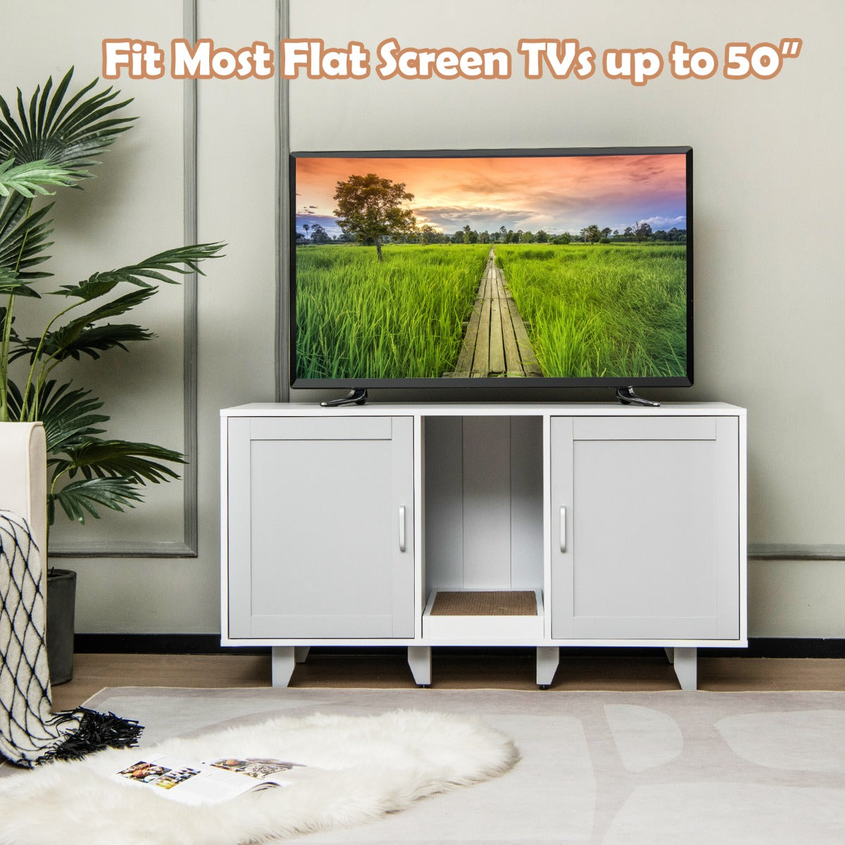 LIVSK Multifunctioneel Kattenmeubel - Verberg kattenbakken - Krabplank - Stabiele constructie - Tot 50" tv - 120 x 52 x 65 cm -