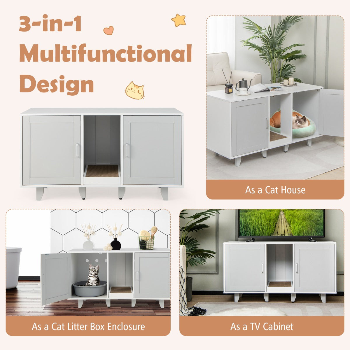 LIVSK Multifunctioneel Kattenmeubel - Verberg kattenbakken - Krabplank - Stabiele constructie - Tot 50" tv - 120 x 52 x 65 cm -