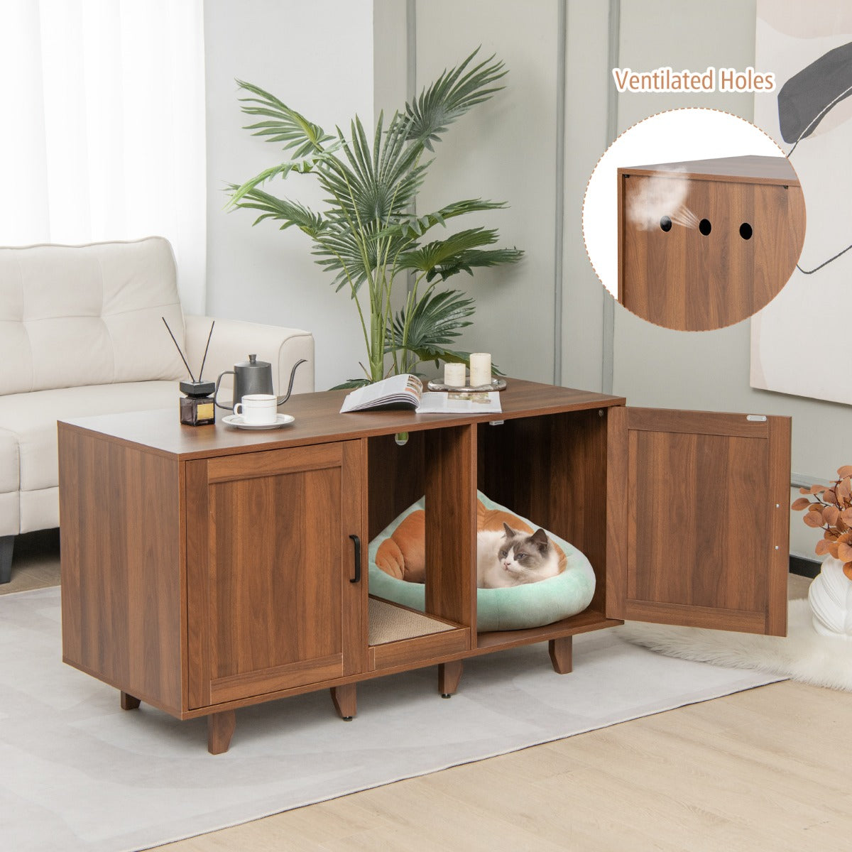 LIVSK Kattenbak Kast - Multifunctioneel Meubel - Privacy voor Kat - Krabplank - Geschikt voor TV's tot 50 inch - Koffie