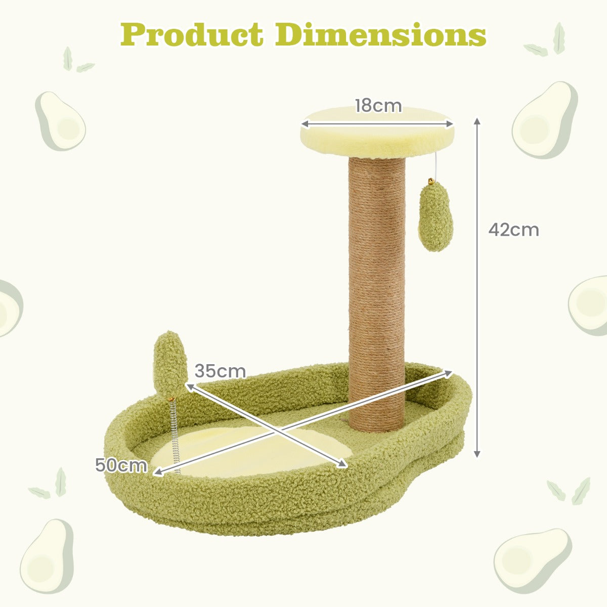 LIVSK Kattenbed met Avocado Veerspeelgoed - Gevoerd Platform - Jute Krabpalen - Antislipbasis - Compact - 50 x 35 x 42 cm - Groen