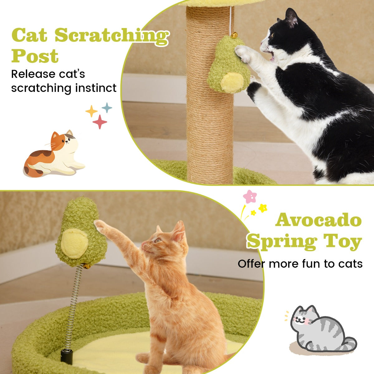 LIVSK Kattenbed met Avocado Veerspeelgoed - Gevoerd Platform - Jute Krabpalen - Antislipbasis - Compact - 50 x 35 x 42 cm - Groen