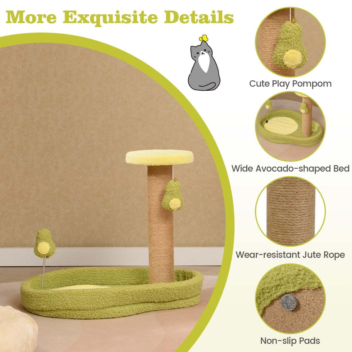 LIVSK Kattenbed met Avocado Veerspeelgoed - Gevoerd Platform - Jute Krabpalen - Antislipbasis - Compact - 50 x 35 x 42 cm - Groen