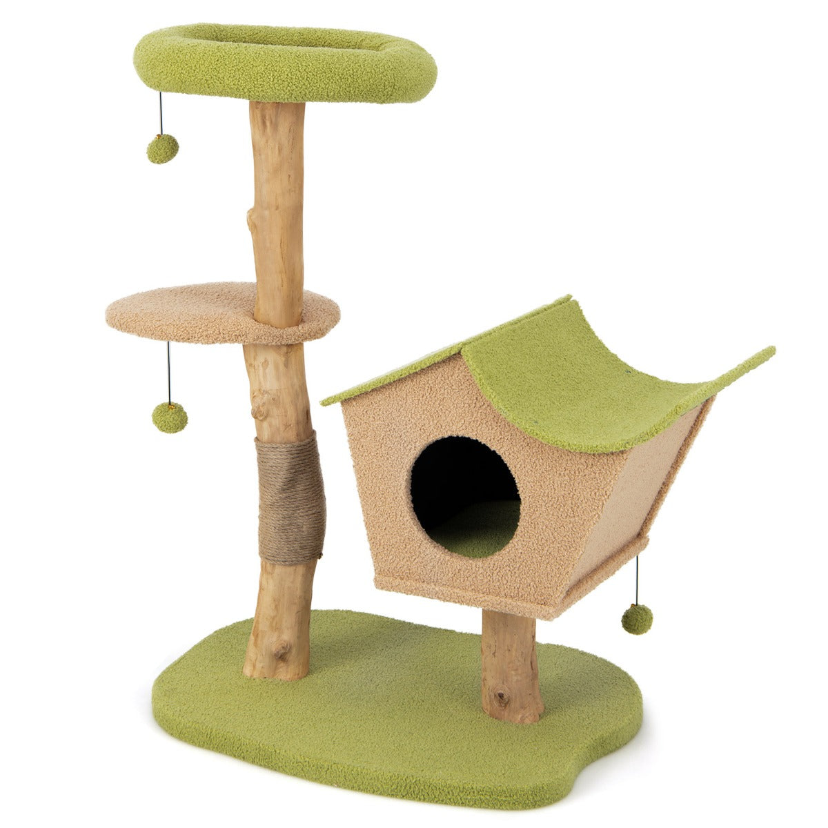 LIVSK Gevoerde Krabpaal voor Katten - Gewatteerde Kennel - Pluche Platform - Jute Stam - Hangende Ballen - 79 x 60 x 110 cm -