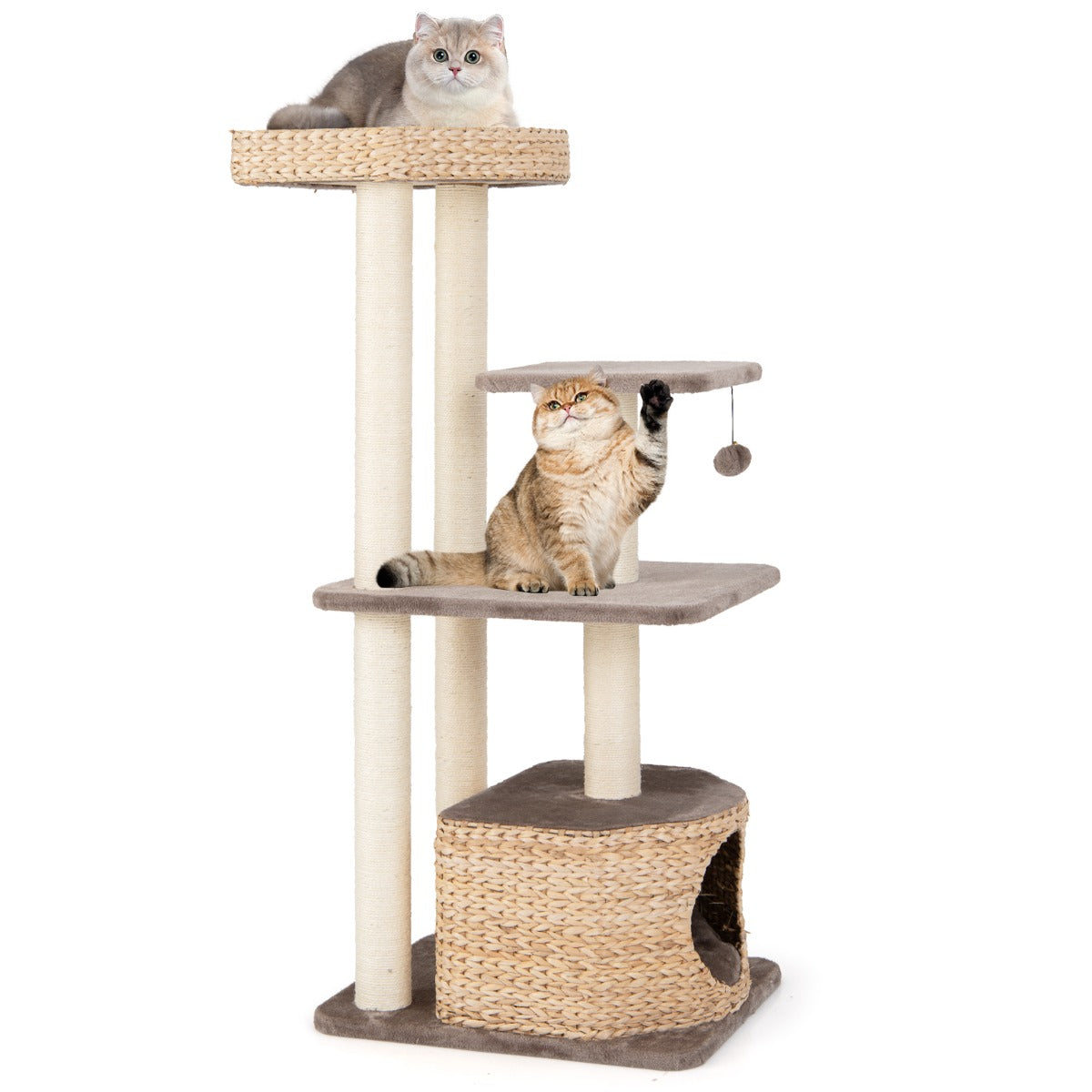 LIVSK Houten Kattenboom 131 cm - 4 Niveaus met Luxe Kussens - Natuurlijke Sisal Krabpalen - Interactieve Hangende Bal - Koffie +