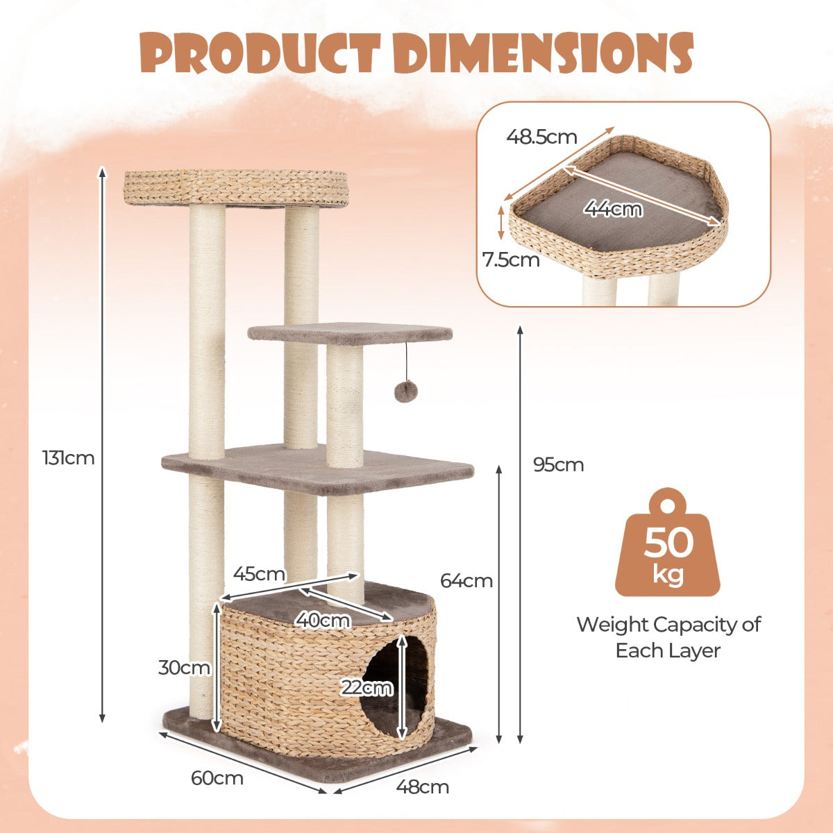 LIVSK Houten Kattenboom 131 cm - 4 Niveaus met Luxe Kussens - Natuurlijke Sisal Krabpalen - Interactieve Hangende Bal - Koffie +