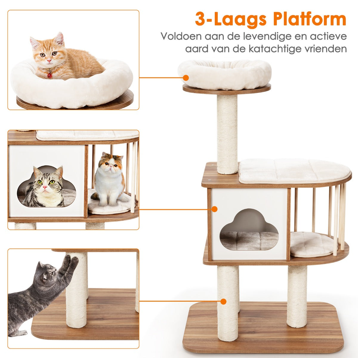 LIVSK Kattenboom - Houten Krabpaal met 3 Platformen - Duurzaam Sisaltouw - Eenvoudige Montage - 68 x 48 x 117 cm - Grijs