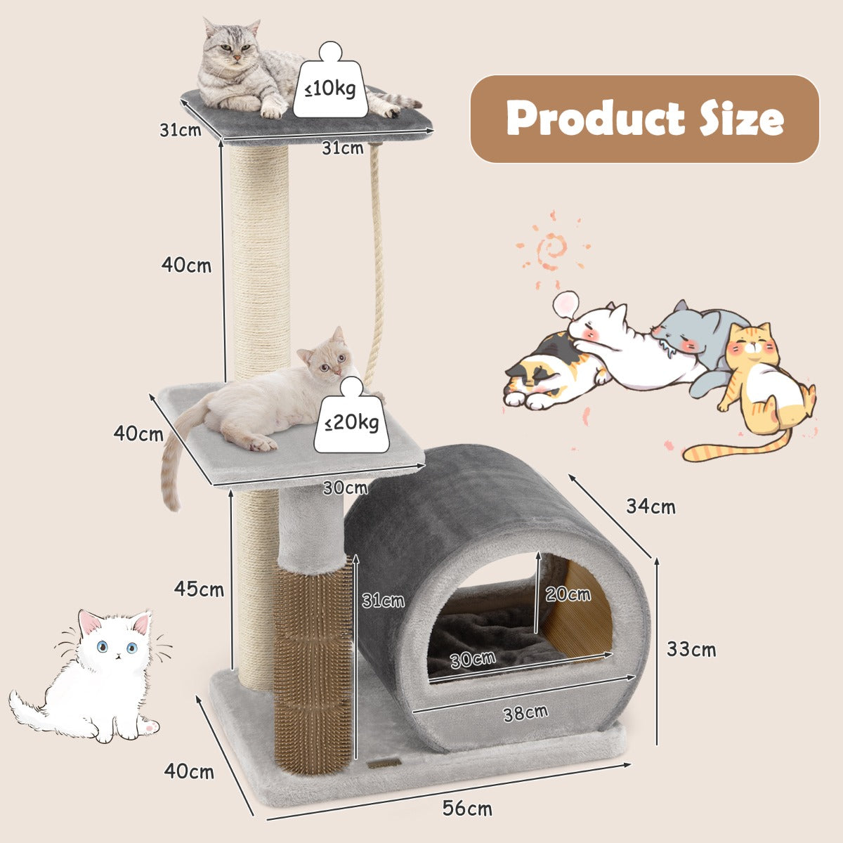 LIVSK Krabpaal voor Katten - Met Zitstok, Springplatform en Hangende Bal - Massief Hout - Tot 20 kg - Grijs