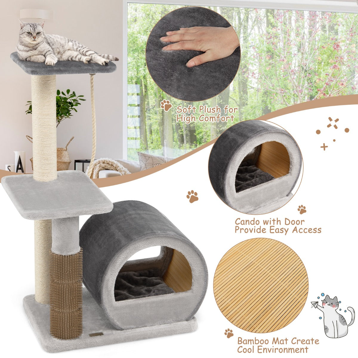 LIVSK Krabpaal voor Katten - Met Zitstok, Springplatform en Hangende Bal - Massief Hout - Tot 20 kg - Grijs