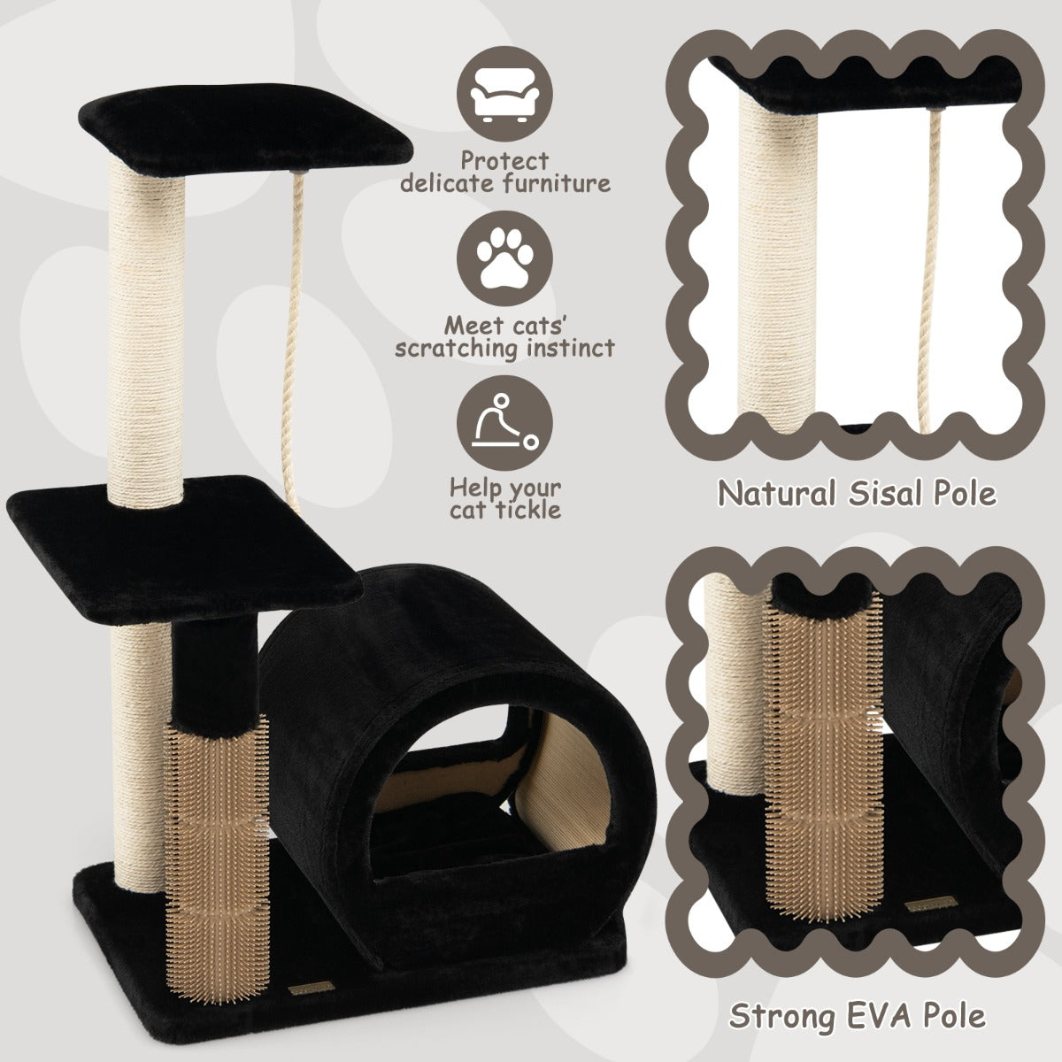 LIVSK Krabpaal met Springplatform en Hangende Bal - Pluche Zitstok - Duurzame Sisalpalen - Voor Gezonde Klauwen - Zwart